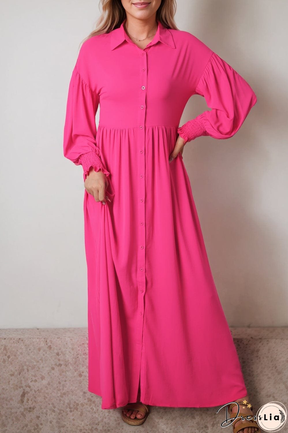 Elegant Rose Balloon Sleeve Maxi Shirt Dress