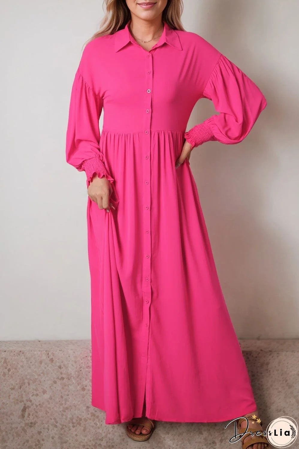 Elegant Rose Balloon Sleeve Maxi Shirt Dress