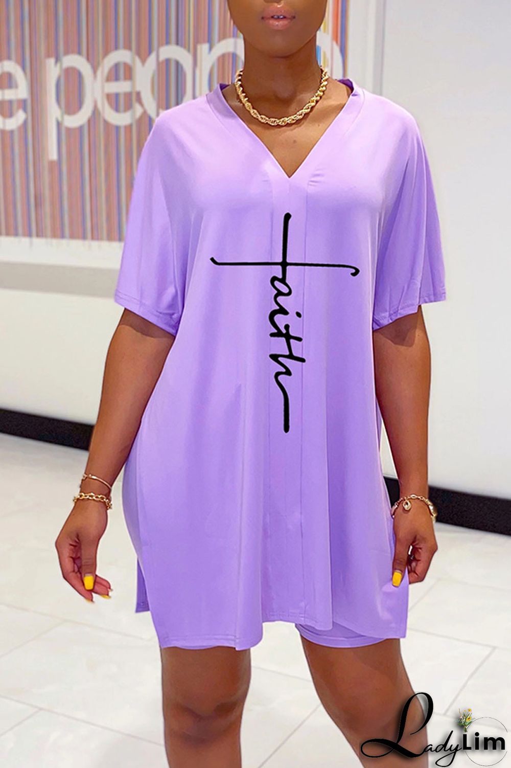 Tangerine Red Casual Print Split Joint V Neck Short Sleeve Two Pieces