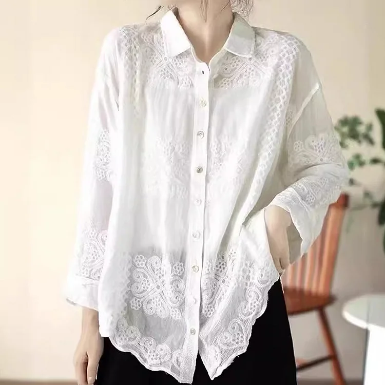 Lace Decor Solid Stylish Long Sleeve Loose Type Women Shirt
