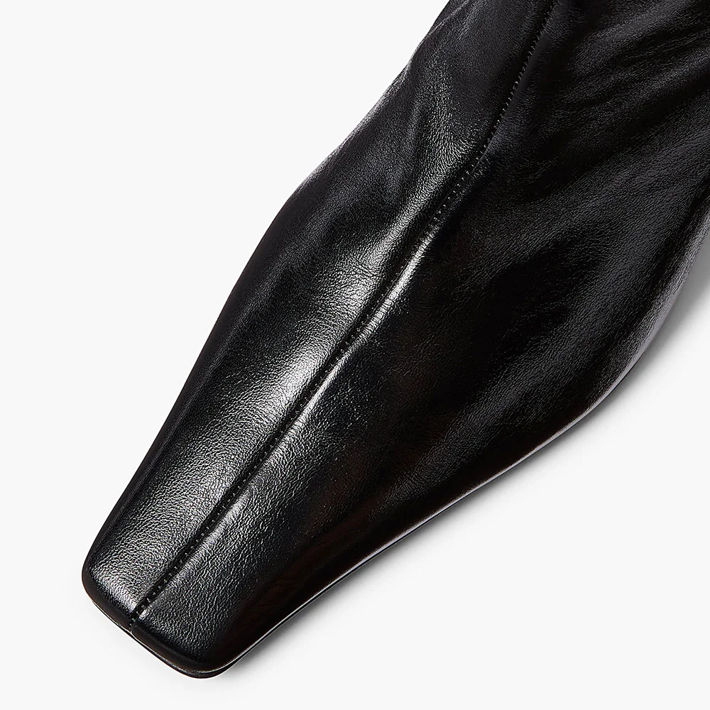 Black Pull-On Square Toe Ankle Boots for Women with Chunky Heel