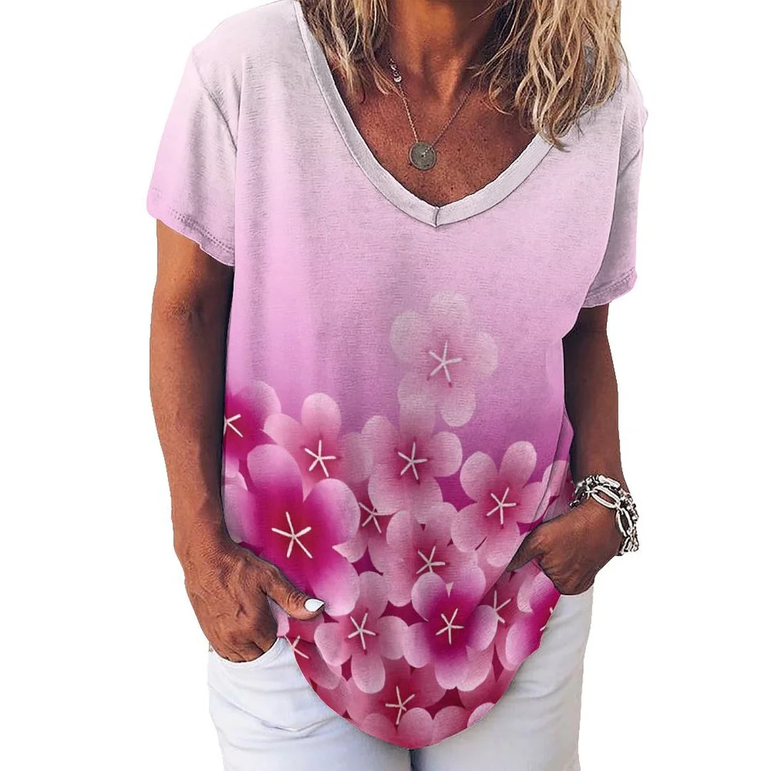 V-neck Short Sleeve Casual T-shirt for  Women Printed with Pattern Floral, Pink