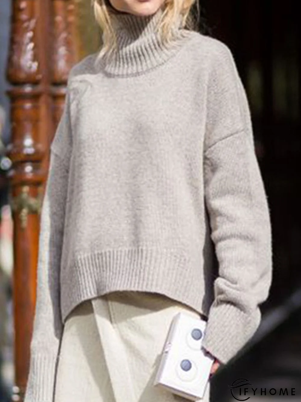 High Neck Solid Simple Off Shoulder Sweater | IFYHOME