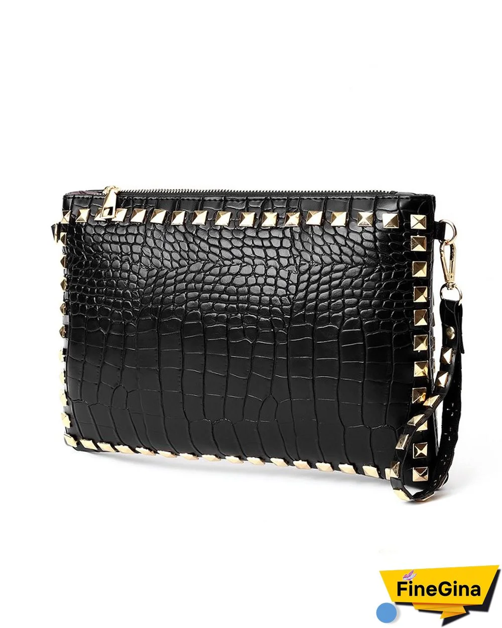 Rivet Decor Croc Embossed Clutch Bag With Wristlet