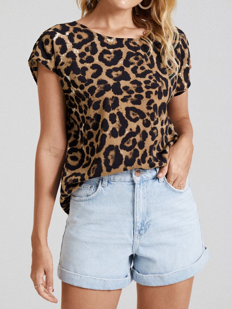 Leopard Print Short Sleeve Backless O neck Women T Shirt P1848928