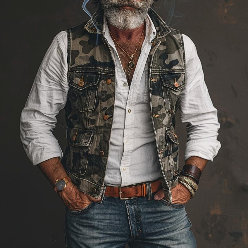 Men's Vintage Camouflage Multi-Pocket Single-Breasted Cargo Vest