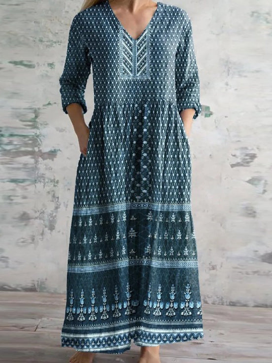 Women's 3/4 Sleeve V-neck Graphic Printed Midi Dress