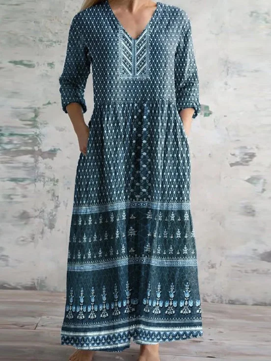 Women's 3/4 Sleeve V-neck Graphic Printed Midi Dress