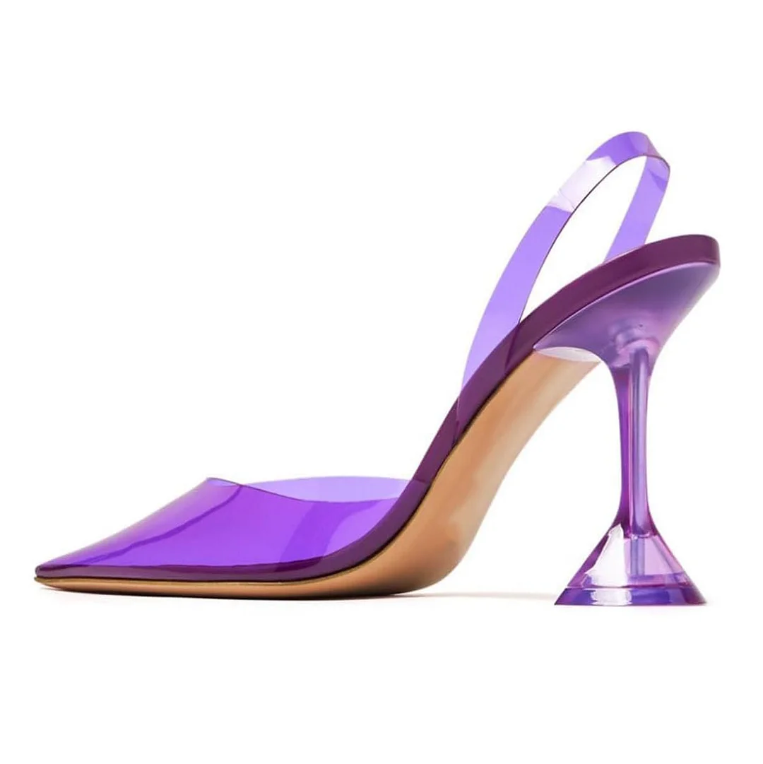 Women's Flared Heel Pointed Toe Purple Clear Slingback Heels