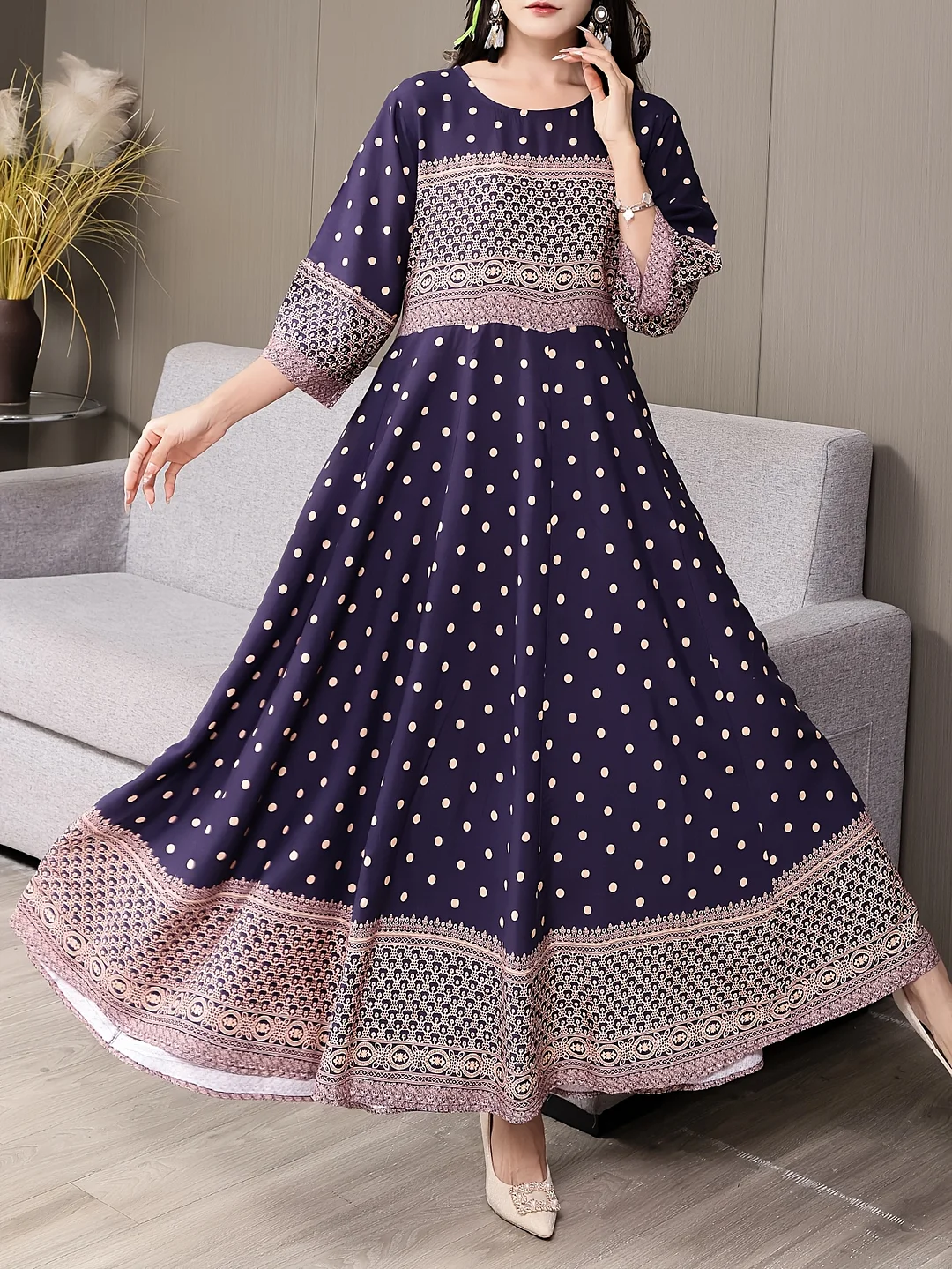 Elegant Long-Sleeve Bohemian Dress With Golden Accents - Vibrant Purple, Flowing Skirt, Round Neckline, Perfect For Vacation, Travel, And Casual Attire, Travel Attire | Bohemian Style | Elegant Long Dress | IFYHOME