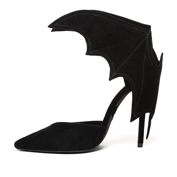 Black Suede Bat Girl Stiletto Heels Halloween Pointy Toe Pumps |FSJ Shoes