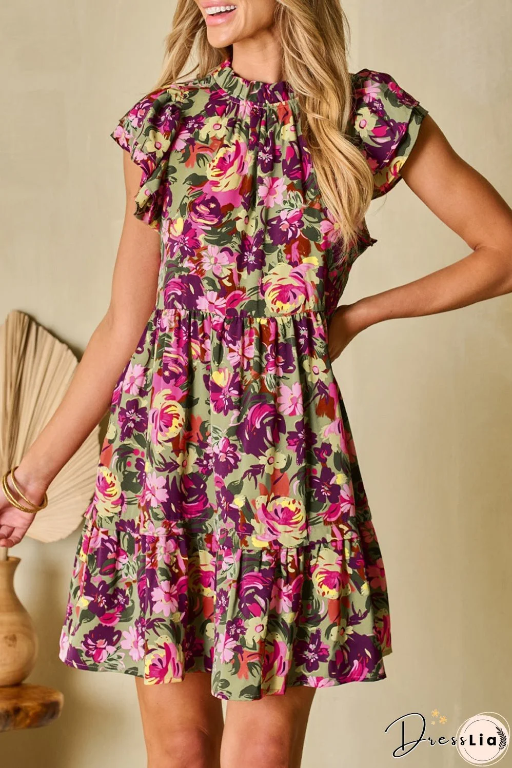 Flutter Sleeve Frilled Neck Mini Dresses