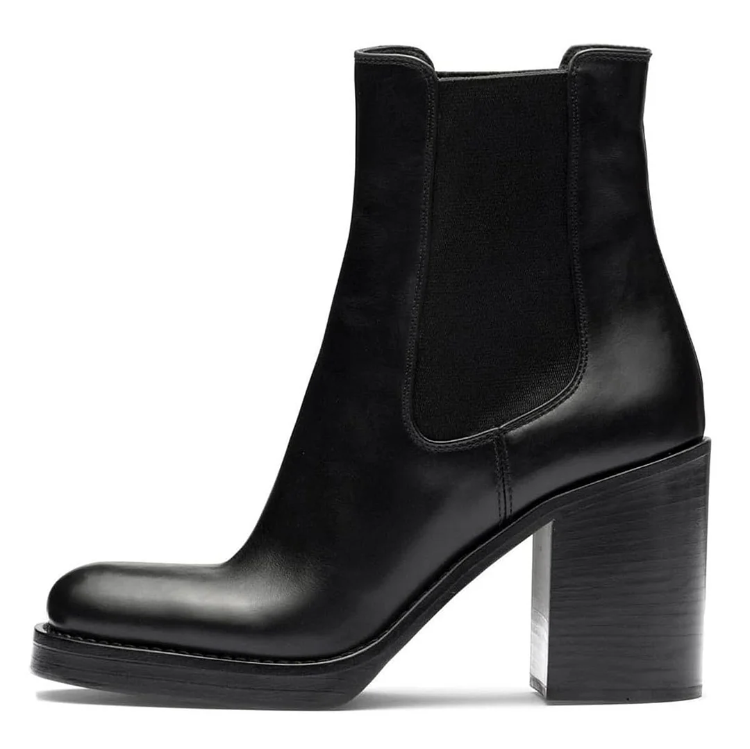 Black Vegan Leather Chunky Heel Pull-On Chelsea Ankle Boots for Women