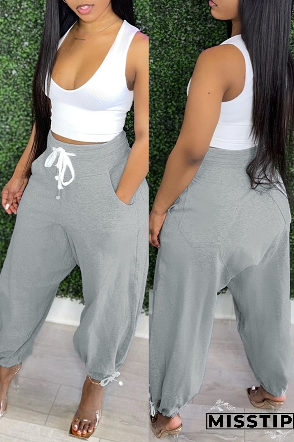 Grey Fashion Casual Solid Basic Mid Waist Harlan Trousers