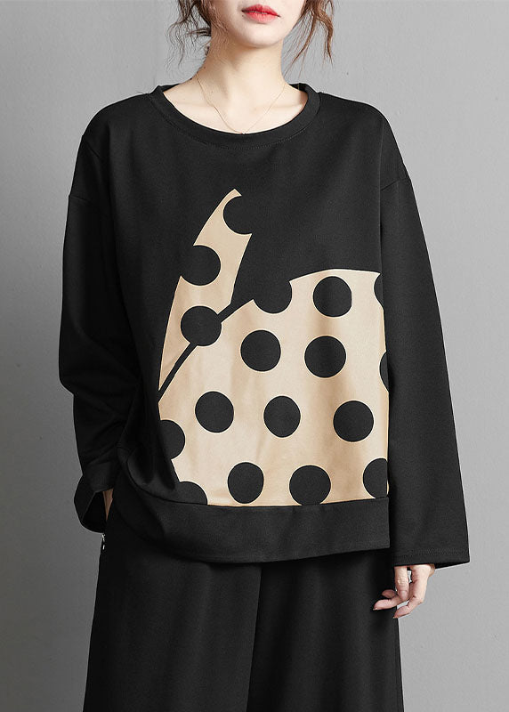 VCSHOES Black O-Neck Dot Print Patchwork T Shirt Fall