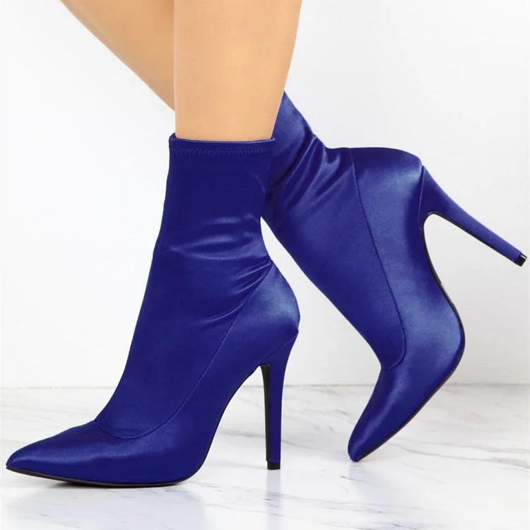 Blue Lycra Sock Boots Pointy Toe Stiletto Heel Ankle Boots |FSJ Shoes