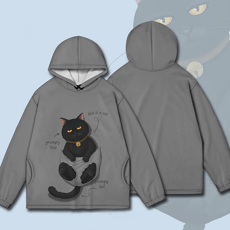 Cute Cartoon Pocket Black Cat Plush Hoodie - Modakawa modakawa