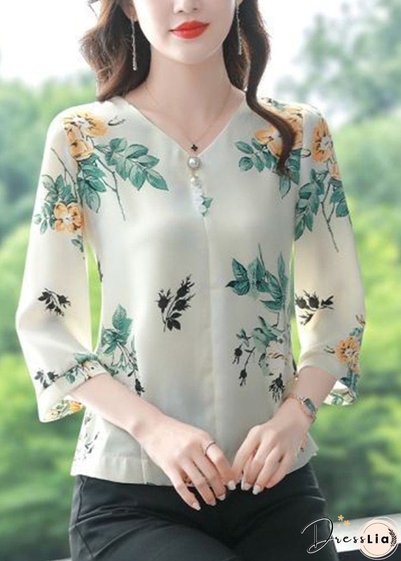 Green Leaf Print Chiffon Shirts V Neck Nail Bead Bracelet Sleeve