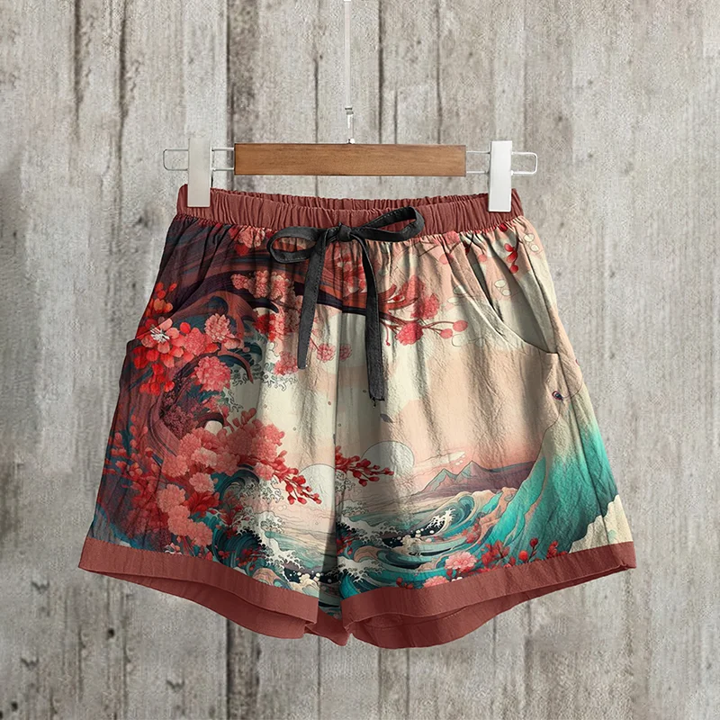 Women's Casual Floral Sea Wave Art Printed Loose Shorts