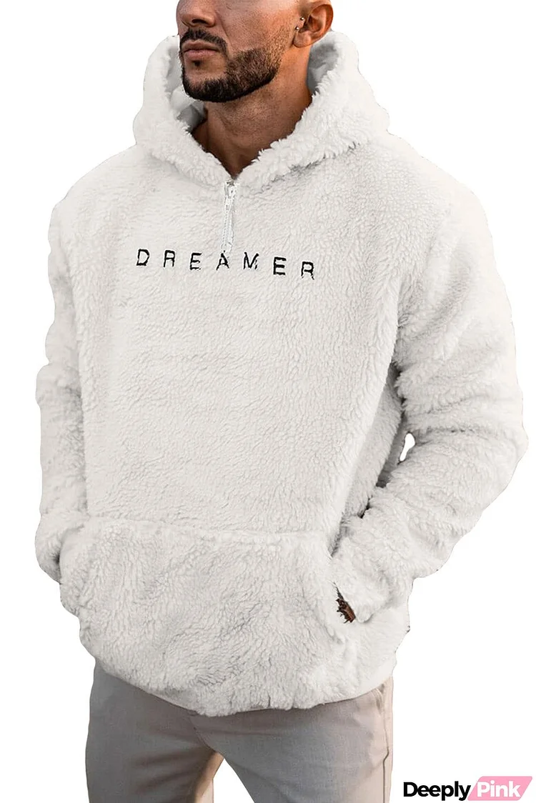 Letter Embroidered Long Sleeve Men's Sherpa Hoodie