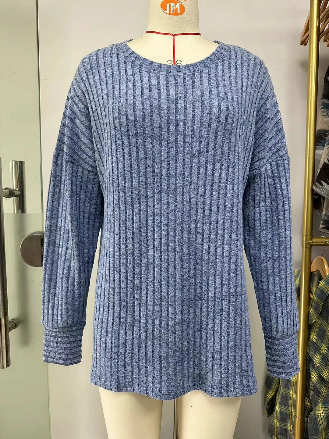 Churchf Churchf / Winter 2024 New Round Collar Pit Strip Solid Color Casual Long-Sleeved T-Shirt Top