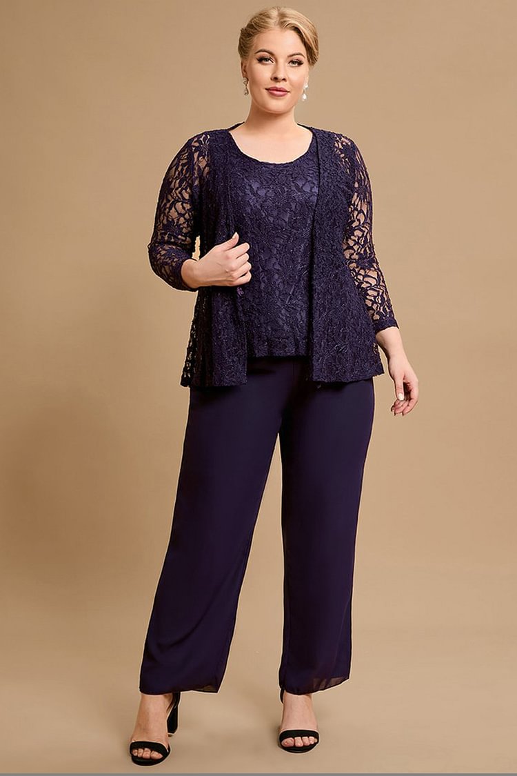 Flycurvy Plus Size Mother of The Bride Eggplant Lace Three Pieces Set Pant Suit FlyCurvy Flycurvy [product_label]