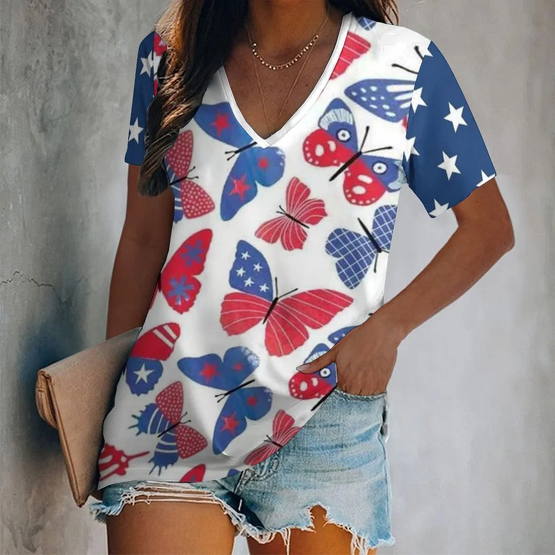 V-neck Short Sleeve Casual T-shirt for  Women Printed with Pattern USA, Independence Day, Star, Striped, Blue, Red