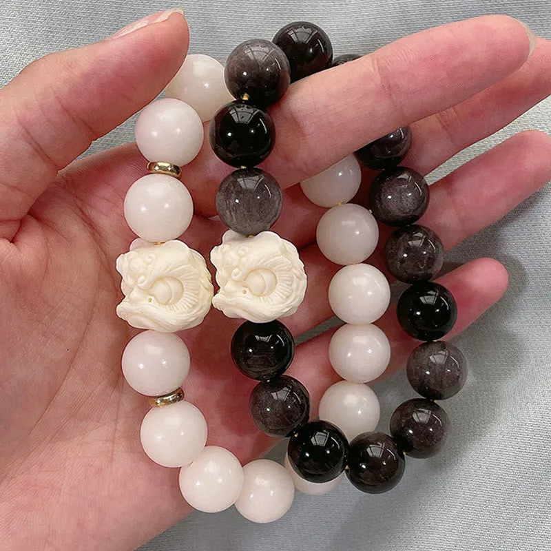Silver Sheen Obsidian Bodhi Seed Ivory Fruit Dancing Lion Protection Bracelet