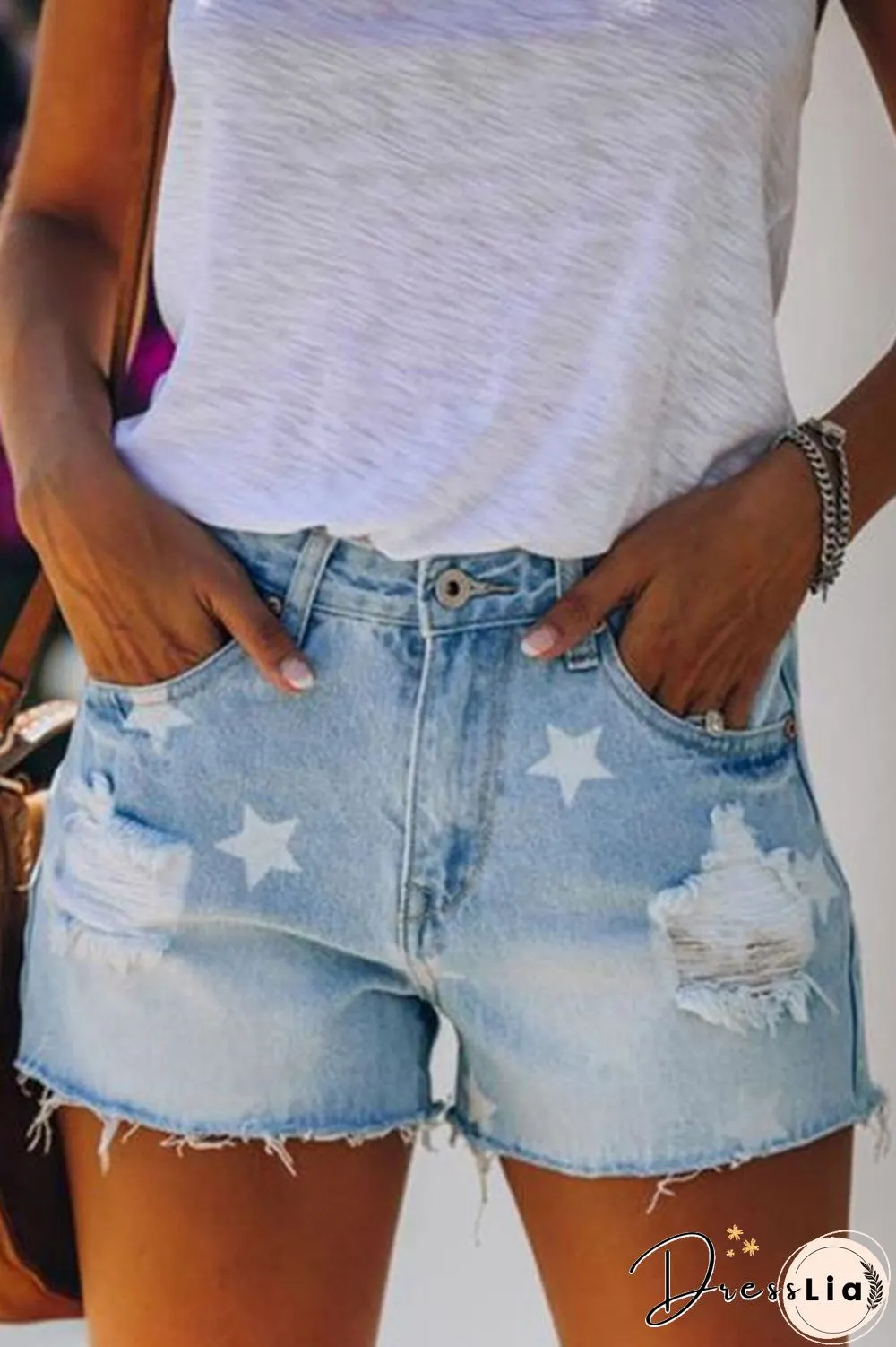 Star Printed Denim Hole Distressed Shorts
