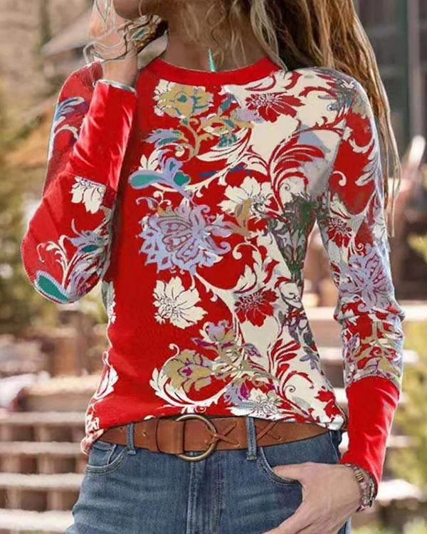 Women Ethnic Print Crew Neck T-Shirt
