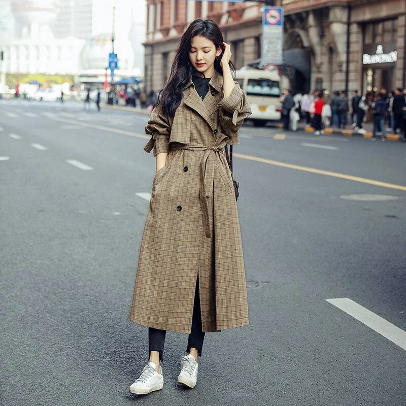 Women Trench Coat Plaid Long Double-Breasted Duster Coat for Lady Oversize Loose Outerwear Spring Fall Clothes