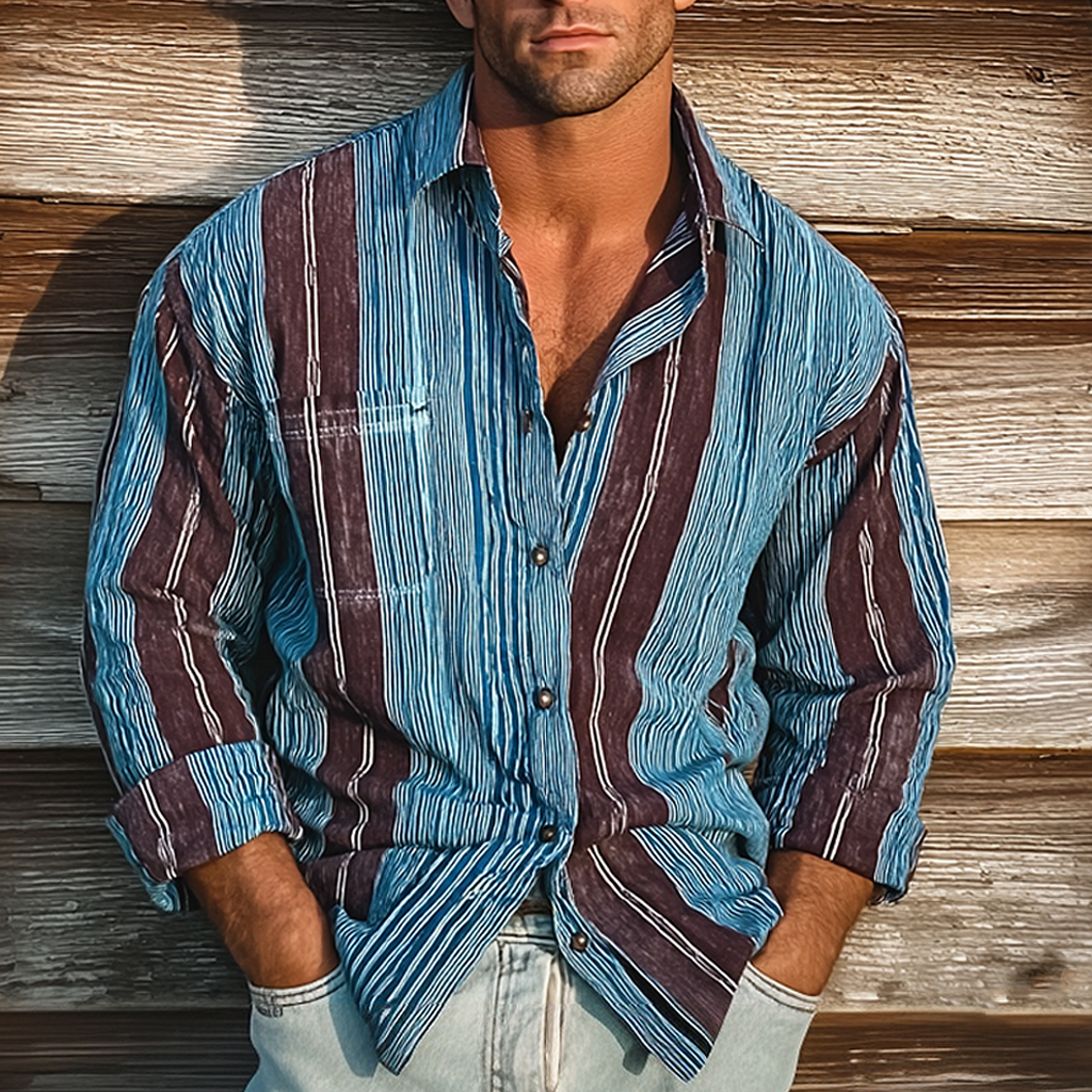 Men's Retro Colorblock Casual Striped Print Loose Long Sleeve Shirt