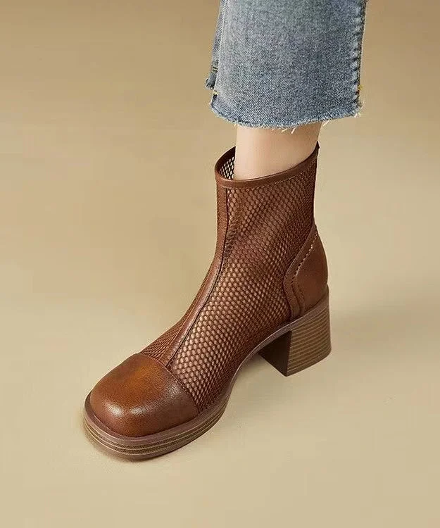 Boutique Brown Hollow Out Chunky Heel Hollow Out Boots Cowhide Leather