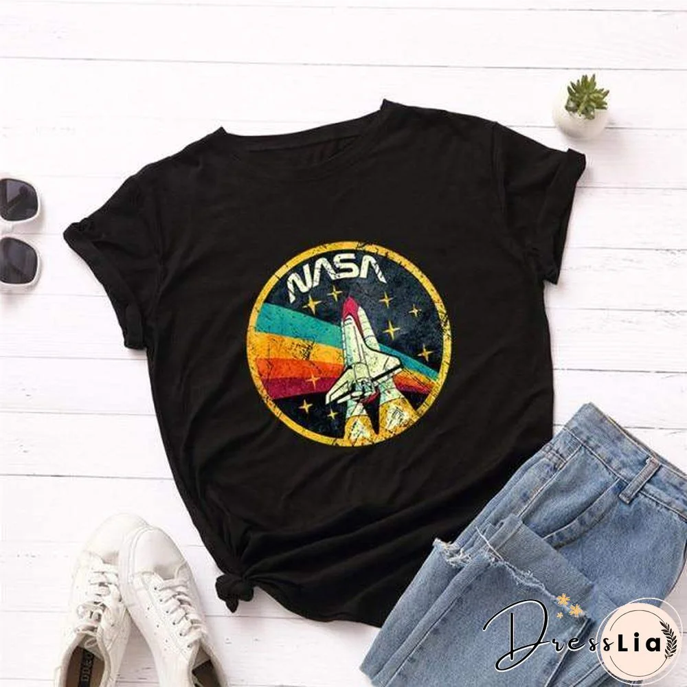 Summer Plus Size Shirt S-5XL New ROCKET Print TShirt Women 100%Cotton O Neck Short Sleeve Tees Casual Tops Woman TShirts