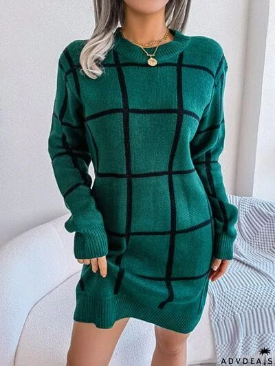 Plaid Round Neck Dropped Shoulder Sweater Dress