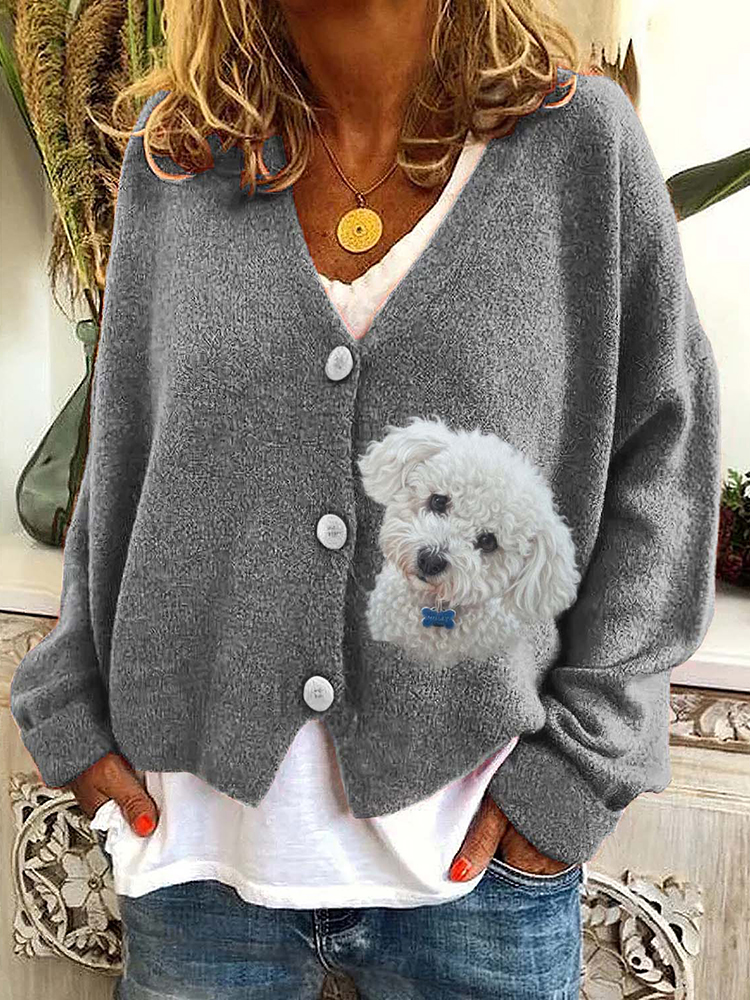 Cute Dog Long Sleeve Cozy Casual Sweater Cardigan