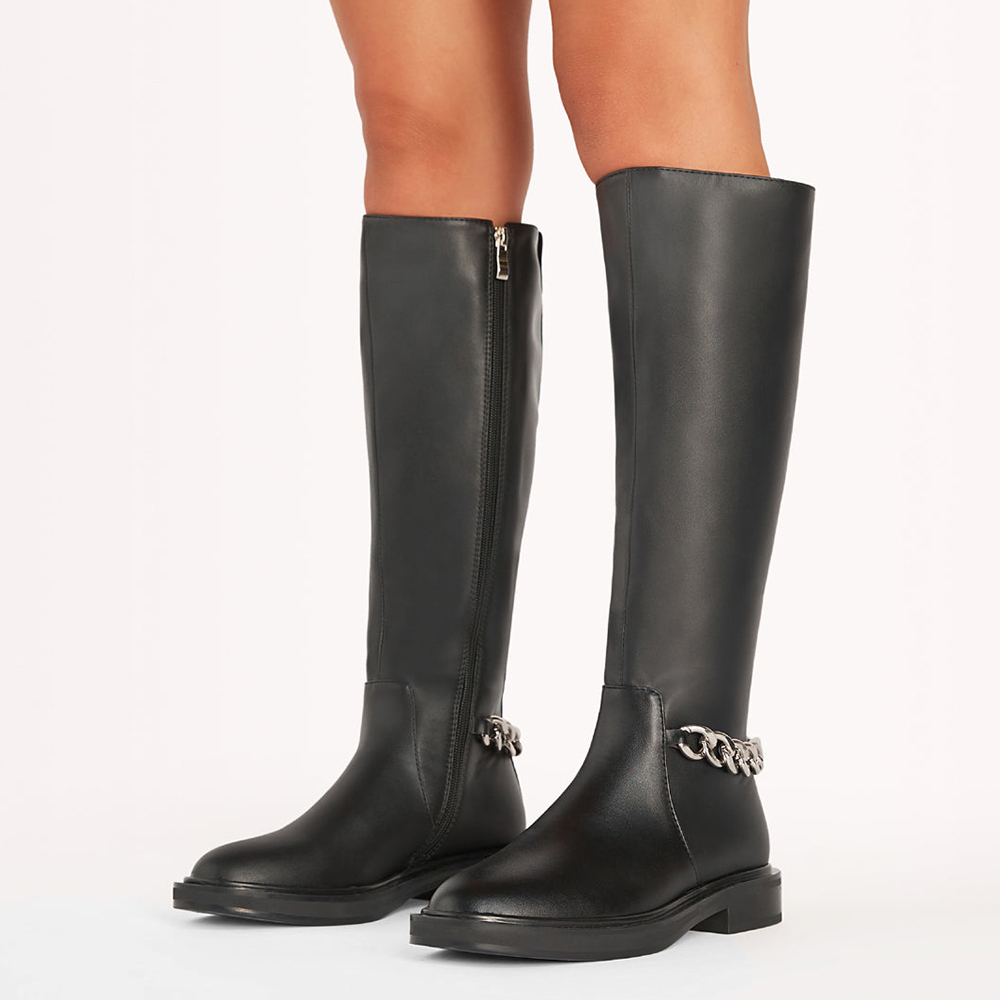 Black Closed Toe Knee High Flat Winter Boots Nicepairs