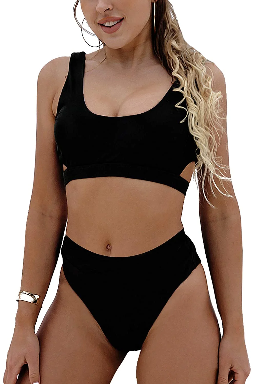 Women's High Waisted Swimsuit Crop Top Cut Out Two Piece Cheeky High Rise Bathing Suit Bikini