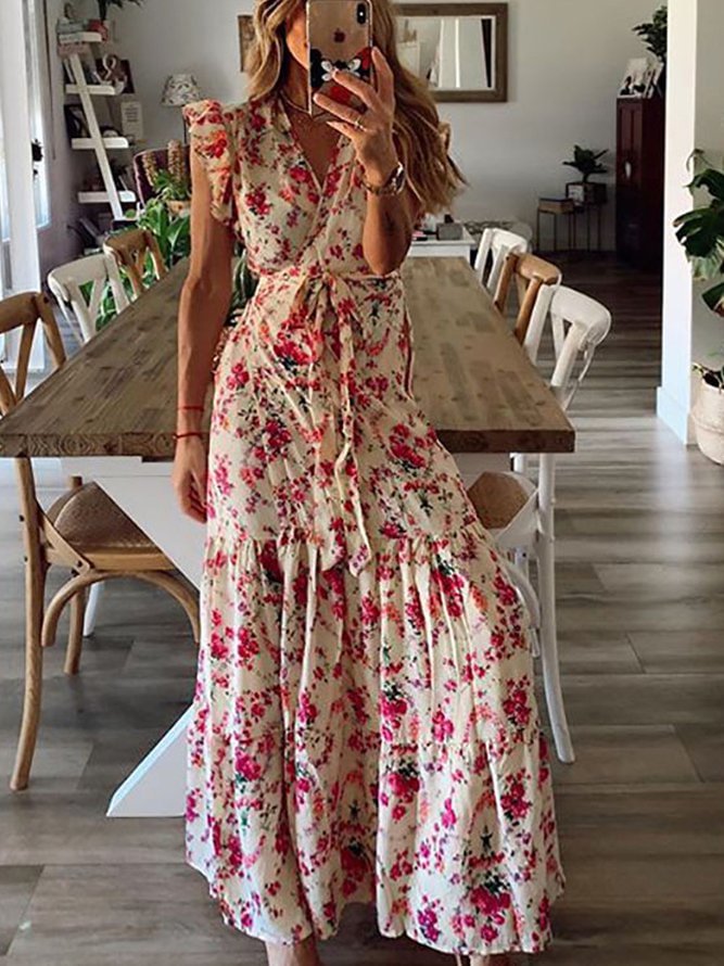 Red Cotton-Blend Casual Dresses Zaesvini