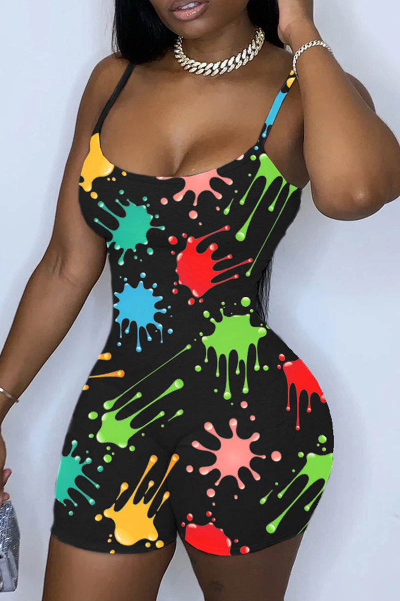Black Sexy Print Split Joint Spaghetti Strap Skinny Jumpsuits