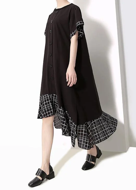 Loose cotton quilting clothes plus size Plaid Splided Loose Flare Sleeve Dress