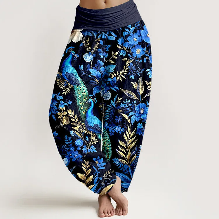 Cotton Teal Peacock Floral Pattern Women's Elastic Waist Harem Pants
