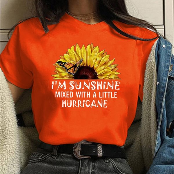 "I'm Sunshine Mixed With A Little Hurricane" Letter Print Short Sleeve T Shirts for Women/Girls; Casual Womens Short Sleeve Blouse Comfy Crew Neck Tees Shirts Women Clothes Size S-3XL - Shop Trendy Women's Clothing | LoverChic