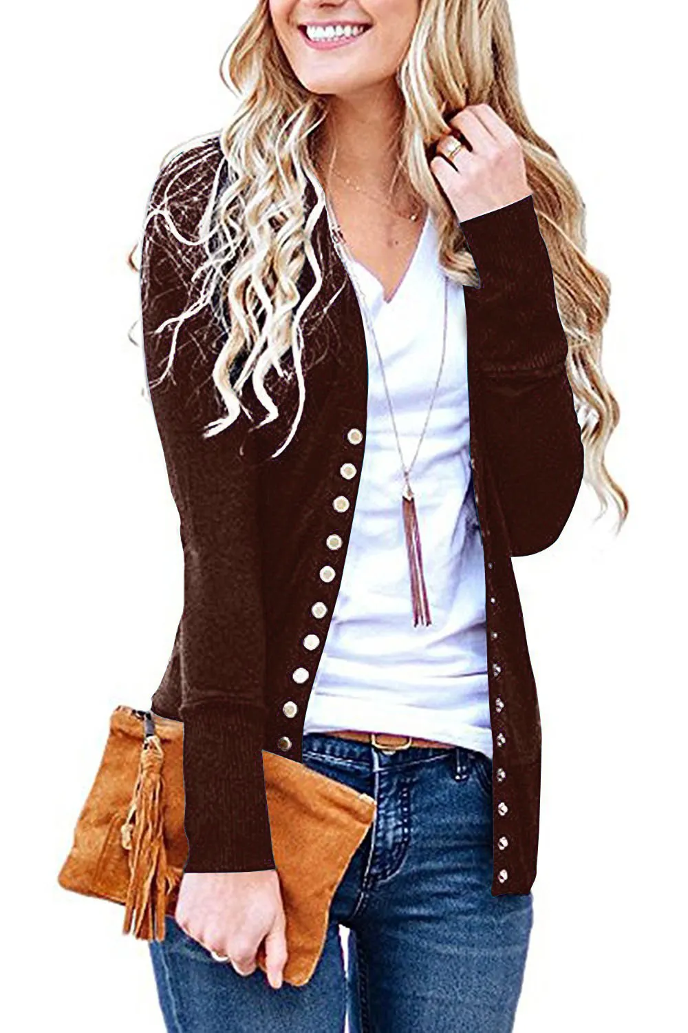 Churchf Churchf Hot Style Spring Wish Short Solid Color V-Neck Long Sleeve Button Cardigan Top