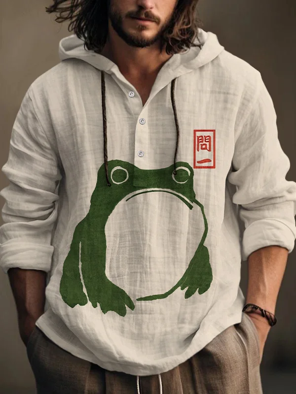 Men's Cute Frog Japanese Lino Art Painting Printed Hooded Shirt
