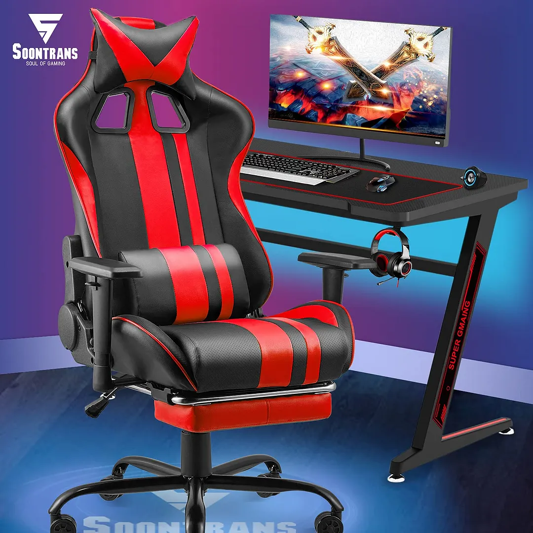  180&deg; Tiltable PU Leather with Footrest Height Adjustable Armrests, Headrest and Lumbar Support Computer Chair