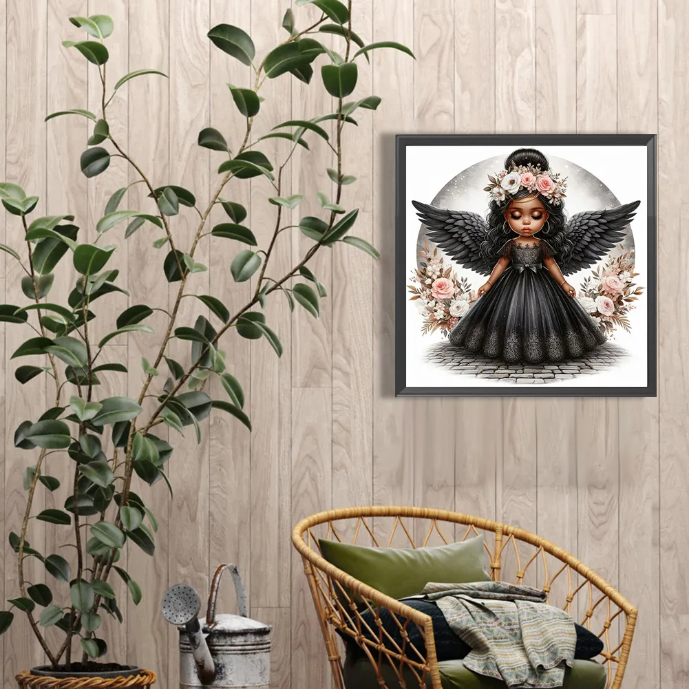Diamond Painting - Full Round Drill - Black Angel Girl(Canvas|40*40cm)