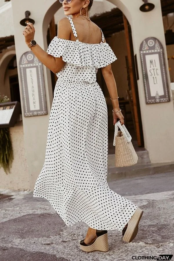Dot Ruffles Off Shoulder Irregularity Maxi Dress