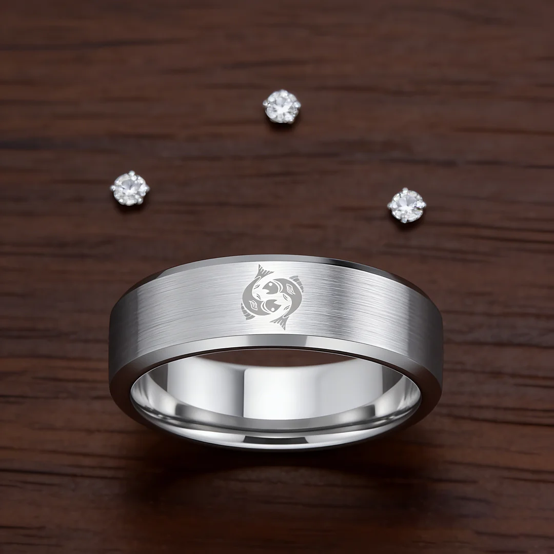 Mens Womens Sliver Pisces Tungsten Carbide Rings Sliver Edges and Laser Etched Wedding Bands Comfort Fit 4MM 6MM 8MM Width