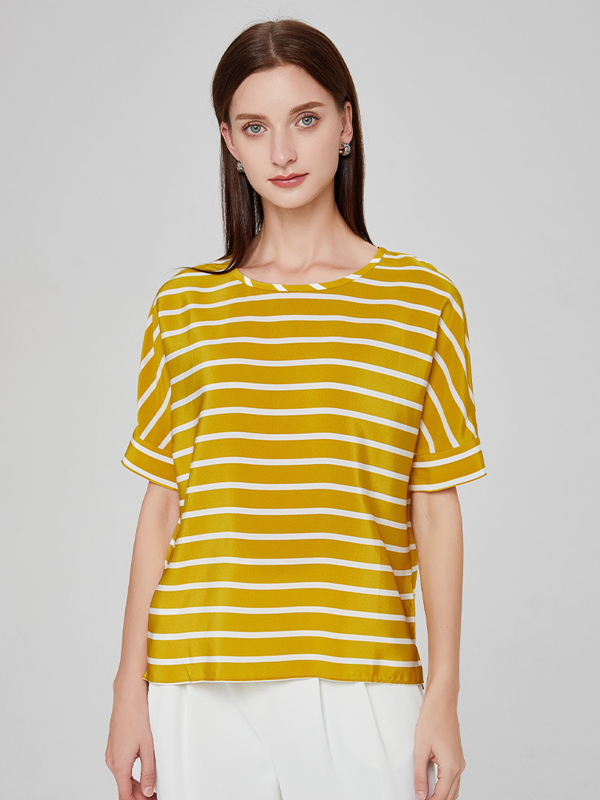 Yellow Silk T-shirt French Simple Casual Stripe Fashion Style